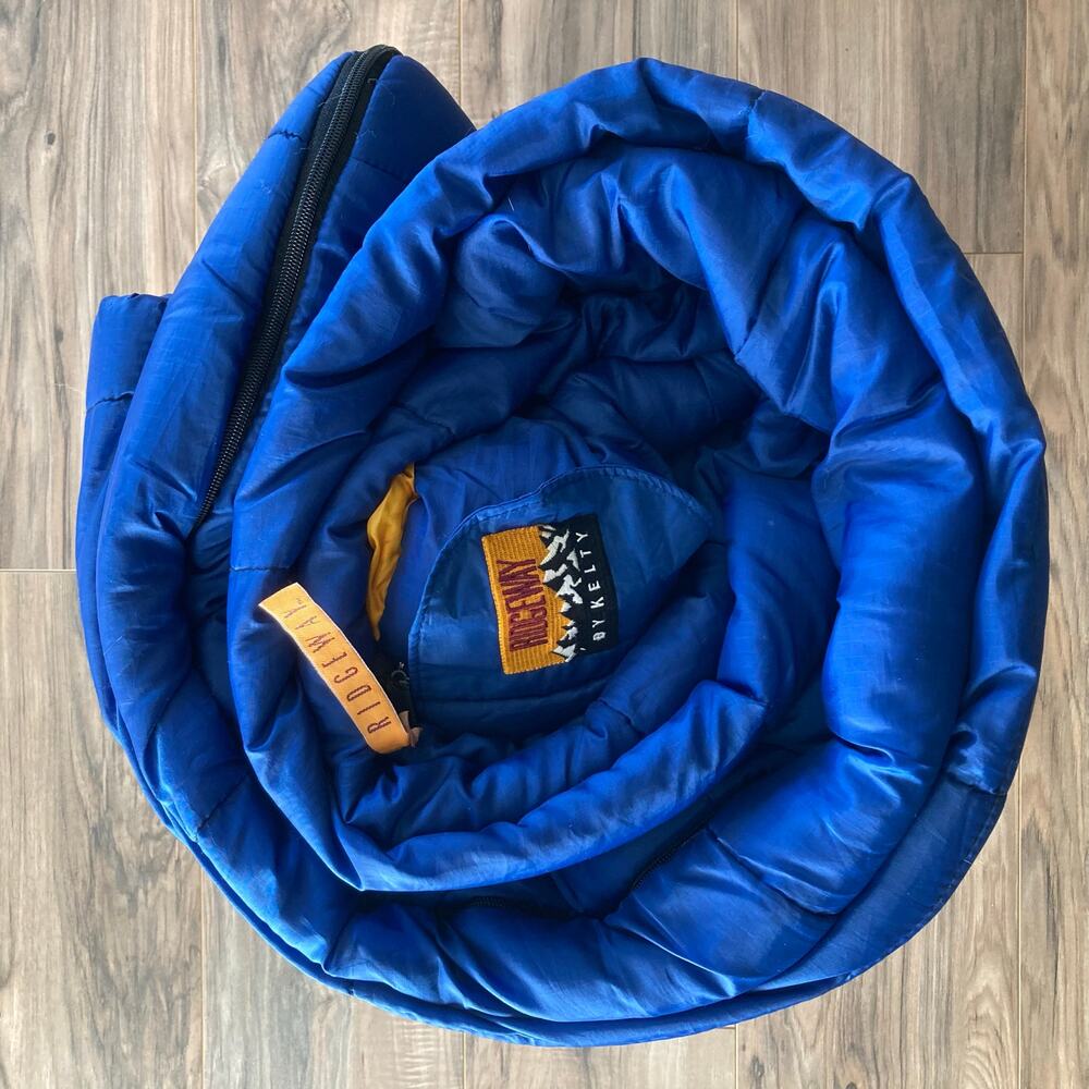VTG Kelty Ridgeway Adult Sleeping Bag Blue L? Pillow Hood DuPont Hollofil 33x87